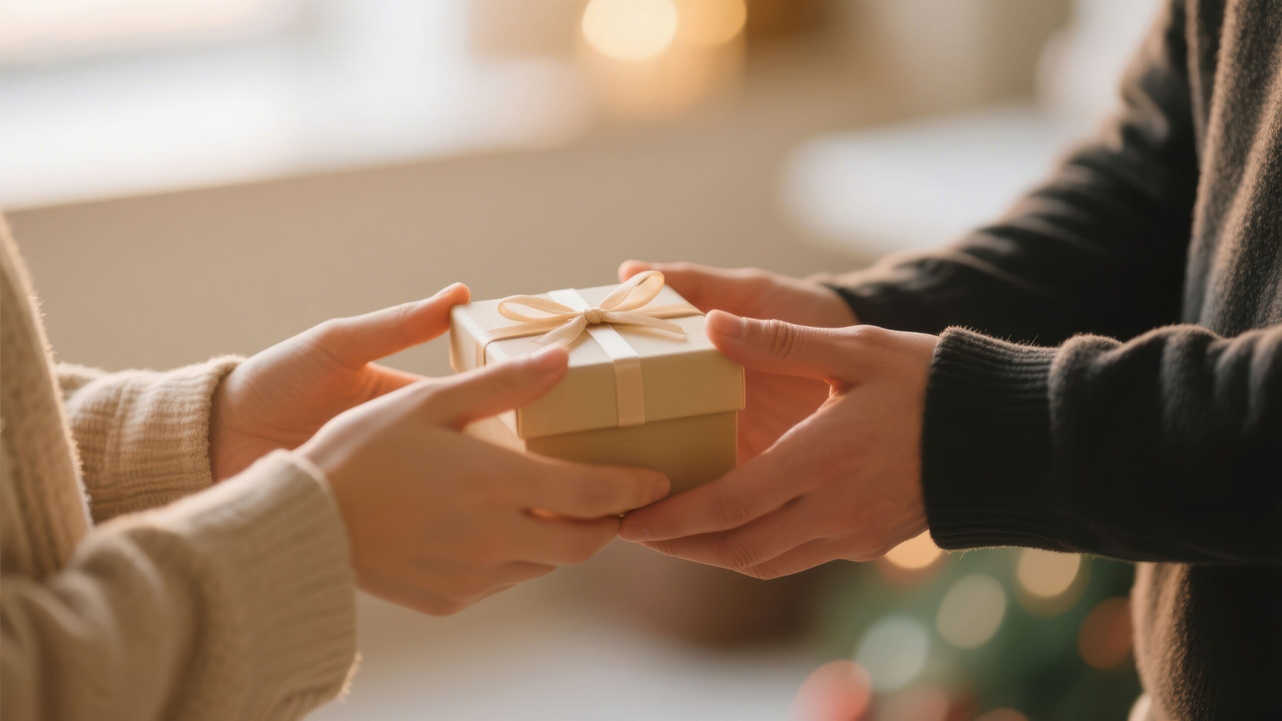Zwei Personen überreichen sich ein Geburtstagsgeschenk mit Schleife