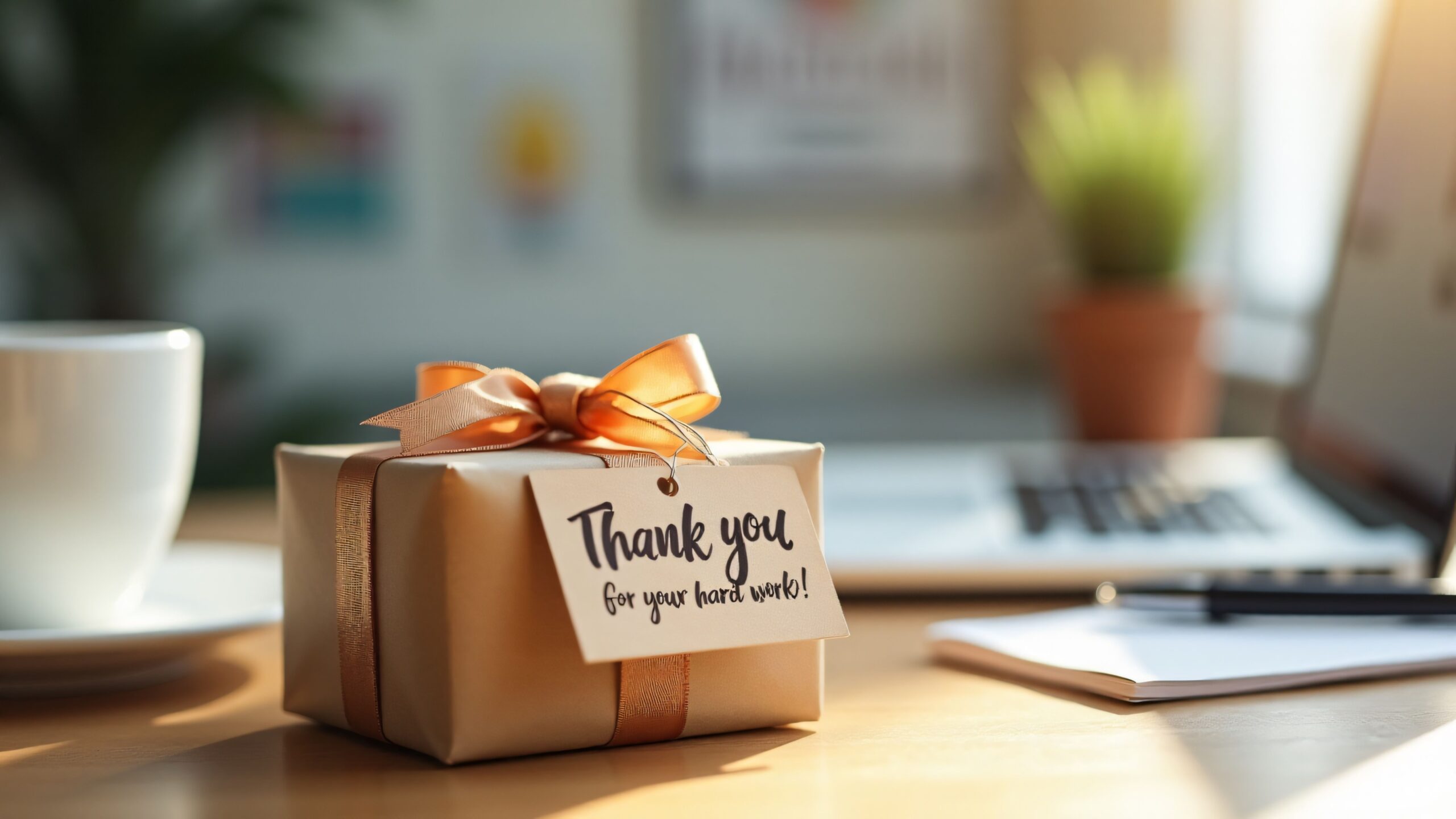Geschenk mit Schleife und handgeschriebener Karte auf Schreibtisch