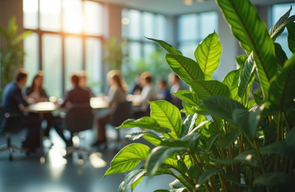 Unscharfe Darstellung eines Teammeetings im Hintergrund mit Fokus auf gruene Pflanzen im Vordergrund, Symbol fuer nachhaltige Arbeitsumgebung